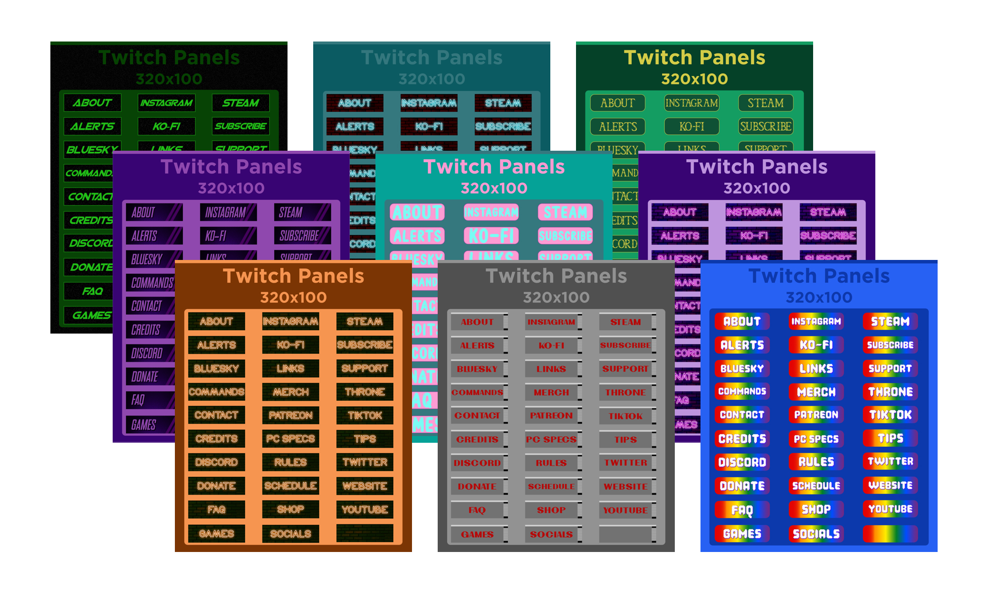 Twitch page section header image samples in a grid